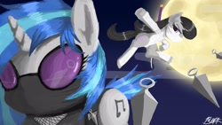 Size: 1920x1080 | Tagged: safe, artist:phoenixrk49, imported from derpibooru, dj pon-3, octavia melody, vinyl scratch, earth pony, pony, unicorn, duo, female, full moon, glasses, mare, moon, ninja, ninja costume, sunglasses, throwing knife