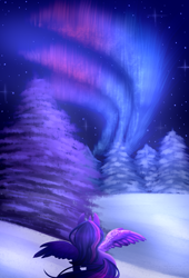 Size: 800x1174 | Tagged: safe, artist:cabbage-arts, imported from derpibooru, twilight sparkle, alicorn, aurora borealis, female, mare, night, snow, solo, tree, tree stump, twilight sparkle (alicorn)