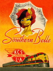 Size: 897x1200 | Tagged: safe, artist:eztp, imported from derpibooru, oc, oc only, oc:southern belle, advertisement, female, kansas city, kansas city southern, poster, solo, southern belle, train