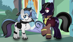 Size: 2356x1380 | Tagged: safe, artist:thecreativeenigma, imported from derpibooru, oc, oc only, oc:navy nirvana, oc:sugar skull (angelofthewisp), earth pony, pony, unicorn, choker, clothes, fangs, female, male, mare, saddle bag, stallion