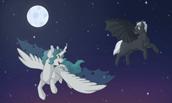 Size: 1500x900 | Tagged: safe, artist:shortcake1284, imported from derpibooru, oc, oc only, oc:prince solaris, oc:solaris, oc:tobias, changepony, pony, flying, magical lesbian spawn, male, night, offspring, parent:princess celestia, parent:queen chrysalis, parents:chryslestia, stallion