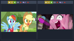 Size: 700x387 | Tagged: safe, derpibooru exclusive, imported from derpibooru, screencap, applejack, pinkie pie, rainbow dash, derpibooru, buckball season, my little pony: the movie, juxtaposition, meta