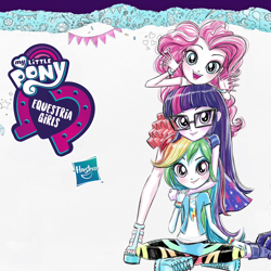 Size: 1080x1080 | Tagged: safe, artist:ritalux, imported from derpibooru, pinkie pie, rainbow dash, sci-twi, twilight sparkle, equestria girls, equestria girls series, clothes, cute, dashabetes, diapinkes, equestria girls logo, glasses, hasbro, hasbro logo, my little pony logo, official, official art, pants, pantyhose, paper, sandals, shoes, skirt, sneakers, twiabetes