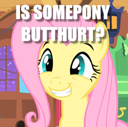 Size: 683x680 | Tagged: safe, edit, edited screencap, imported from derpibooru, screencap, fluttershy, stare master, butthurt, caption, cropped, female, image macro, meme, solo