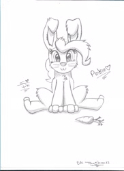 Size: 1700x2338 | Tagged: safe, artist:tonystorm12, imported from derpibooru, pinkie pie, adorable face, animal costume, bunny costume, bunny ears, carrot, clothes, costume, cute, female, food, looking at you, solo, traditional art