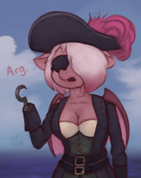 Size: 712x899 | Tagged: safe, artist:marsminer, imported from derpibooru, oc, oc only, oc:kala vera, anthro, bat pony, amputee, bat pony oc, eyepatch, female, hat, hook, pirate, pirate hat, solo