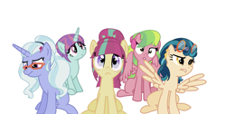 Size: 1330x669 | Tagged: safe, artist:happy-harkey-choco, imported from derpibooru, indigo zap, lemon zest, sour sweet, sugarcoat, sunny flare, pony, base used, crystal prep shadowbolts, equestria girls ponified, ponified, shadow five, simple background, white background