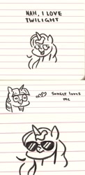 Size: 1280x2614 | Tagged: safe, artist:eeviart, imported from derpibooru, sunset shimmer, twilight sparkle, cute, doodle, female, heart, heart eyes, lesbian, lined paper, marker drawing, shipping, sunglasses, sunsetsparkle, traditional art, twiabetes, wingding eyes