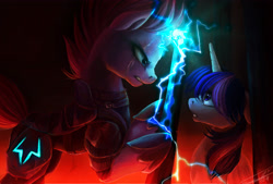 Size: 3700x2500 | Tagged: safe, artist:yummiestseven65, imported from derpibooru, tempest shadow, twilight sparkle, alicorn, unicorn, my little pony: the movie, angry, armor, broken horn, cage, duo, electricity, eye scar, female, horn, magic, mare, scar, scared, scene interpretation, twilight sparkle (alicorn)