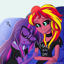 Size: 600x600 | Tagged: safe, artist:wubcakeva, imported from derpibooru, sci-twi, sunset shimmer, twilight sparkle, comic:ask casual midnight and demon shimmer, equestria girls, casual, causal midnight sparkle, choker, clothes, cuddling, cute, duo, eyes closed, female, lesbian, make my day, midnight sparkle, midnightabetes, midnightsatan, open mouth, scitwishimmer, shipping, sleeping, sunset satan, sunsetsparkle, twiabetes, zzz