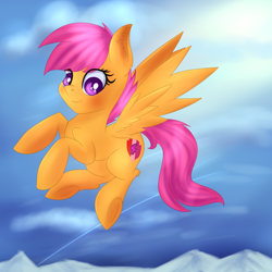 Size: 1710x1707 | Tagged: safe, artist:brok-enwings, imported from derpibooru, scootaloo, pegasus, pony, cute, cutealoo, female, filly, mountain, mountain range, scootaloo can fly, sky, solo, the cmc's cutie marks, underhoof