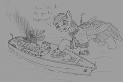 Size: 1946x1306 | Tagged: safe, artist:stray prey, imported from derpibooru, rainbow dash, pony, battleship, clothes, female, flustered, giant pony, kantai collection, macro, sailor uniform, shipmare