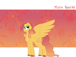 Size: 1600x1200 | Tagged: safe, artist:faith-wolff, imported from derpibooru, oc, oc only, oc:flare sparks, pegasus, pony, biography, cloven hooves, colored hooves, cutie mark background, faithverse, female, happy, mare, next generation, offspring, parent:flash sentry, parent:sunset shimmer, parents:flashimmer, signature, smiling, solo, tail feathers