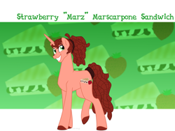 Size: 1600x1200 | Tagged: safe, artist:faith-wolff, imported from derpibooru, oc, oc only, oc:strawberry marscapone sandwich, pony, unicorn, colored hooves, cutie mark background, dreadlocks, faithverse, male, next generation, offspring, parent:cheese sandwich, parent:pinkie pie, parents:cheesepie, raised leg, smiling, solo, stallion