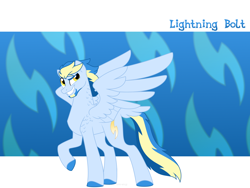 Size: 1600x1200 | Tagged: safe, artist:faith-wolff, imported from derpibooru, oc, oc only, oc:lightning bolt, pegasus, pony, cutie mark background, faithverse, male, next generation, offspring, parent:rainbow dash, parent:soarin', parents:soarindash, raised hoof, solo, stallion