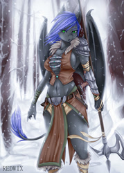 Size: 1500x2100 | Tagged: safe, artist:redwix, imported from derpibooru, oc, oc only, oc:blueberry bliss, anthro, bat pony, abs, armor, axe, battle axe, belly button, clothes, forest, futa, halberd, herm, intersex, leonine tail, midriff, skyrim, snow, snowfall, solo, the elder scrolls, war axe, weapon, winter