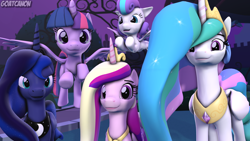 Size: 3840x2160 | Tagged: safe, artist:goatcanon, imported from derpibooru, princess cadance, princess celestia, princess flurry heart, princess luna, twilight sparkle, alicorn, 3d, alicorn pentarchy, cute, royal family, royal sisters, source filmmaker, twilight sparkle (alicorn)