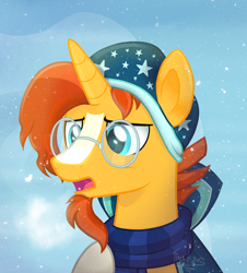 Size: 1480x1640 | Tagged: safe, artist:tina-de-love, imported from derpibooru, sunburst, pony, unicorn, clothes, glasses, hat, male, scarf, snow, solo