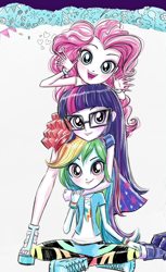 Size: 658x1077 | Tagged: safe, artist:ritalux, imported from derpibooru, pinkie pie, rainbow dash, sci-twi, twilight sparkle, equestria girls, official, official art