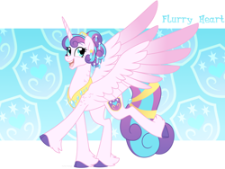 Size: 1600x1200 | Tagged: safe, artist:faith-wolff, imported from derpibooru, princess flurry heart, alicorn, pony, cloven hooves, colored hooves, colored wings, colored wingtips, cutie mark background, ear piercing, earring, faithverse, female, gradient wings, hair up, jewelry, mare, necklace, older, older flurry heart, peytral, piercing, solo, spread wings, tiara, unshorn fetlocks, wings