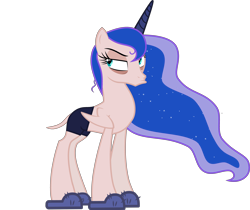 Size: 4000x3360 | Tagged: safe, artist:theartsyemporium, deleted from derpibooru, edit, edited edit, editor:slayerbvc, imported from derpibooru, vector edit, princess luna, alicorn, a royal problem, bags under eyes, bed mane, clothes, duckface, female, furless, furless edit, grumpy, mare, missing accessory, morning ponies, nude edit, nudity, plucked, shaved, shaved tail, shorts, simple background, sleepy, slippers, solo, transparent background, unamused, underwear, vector