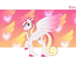 Size: 1600x1200 | Tagged: safe, artist:faith-wolff, imported from derpibooru, oc, oc only, oc:mi querida esperanza, pegasus, pony, braid, colored hooves, colored wings, colored wingtips, cutie mark background, faithverse, female, gradient wings, mare, next generation, offspring, parent:princess cadance, parent:shining armor, parents:shiningcadance, raised hoof, reference sheet, solo, unshorn fetlocks