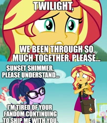 Size: 1788x2048 | Tagged: safe, imported from derpibooru, fluttershy, sci-twi, sunset shimmer, twilight sparkle, equestria girls, equestria girls series, forgotten friendship, anti-shipping, clothes, image macro, impact font, meme, mouthpiece, op is a duck, op is trying to start shit, selfie drone, shipping denied, shipping war, swimsuit