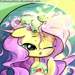 Size: 3000x3000 | Tagged: safe, artist:itsalwayspony, imported from derpibooru, fluttershy, bird, pony, blushing, bust, clothes, cute, female, one eye closed, shirt, shyabetes, sitting on head, sleeping, solo, stray strand, yawn