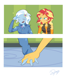 Size: 4897x5485 | Tagged: safe, artist:noahther, imported from derpibooru, sunset shimmer, trixie, equestria girls, equestria girls series, forgotten friendship, absurd resolution, blushing, clothes, duo, duo female, embarrassed, eyes closed, female, fingers interlocked, hairpin, holding hands, hoodie, lesbian, looking at each other, looking at someone, open mouth, open smile, shipping, signature, smiling, suntrix
