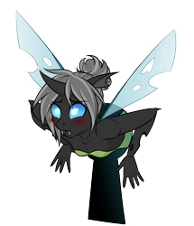 Size: 1324x1538 | Tagged: safe, artist:askbubblelee, imported from derpibooru, oc, oc only, oc:imago, anthro, changeling, anthro oc, blushing, changeling oc, clothes, disney, fangs, female, hair bun, simple background, solo, stuck, tinkerbell, transparent background