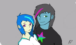 Size: 1600x960 | Tagged: safe, artist:jasmiass, artist:raxonxvi, imported from derpibooru, dj pon-3, vinyl scratch, oc, oc:raxonxvi, human, equestria girls, base used, canon x oc, female, human female, human male, humanized, humanized oc, male, shipping, side by side, straight