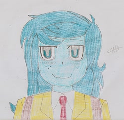 Size: 1666x1615 | Tagged: safe, artist:cafakero, imported from derpibooru, wallflower blush, equestria girls, equestria girls series, forgotten friendship, backpack, bust, female, looking at you, necktie, parody, signature, simple background, tomoko kuroki, traditional art, watamote, white background