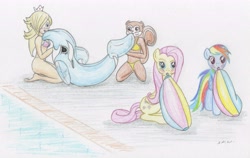 Size: 4579x2890 | Tagged: safe, artist:thunderingpikachu, imported from derpibooru, fluttershy, rainbow dash, anthro, whale, air nozzle, animal crossing, beach ball, bikini, blowing, blushing, clothes, commission, cute, dashabetes, inflatable, inflatable toy, inflating, pecan, pool toy, princess rosalina, puffy cheeks, rainblow dash, red face, rosalina, shyabetes, super mario bros., swimming pool, swimsuit, traditional art