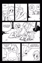 Size: 3300x4952 | Tagged: safe, artist:leon-z, imported from derpibooru, rainbow dash, oc, oc:rain breeze, pegasus, pony, comic:returns endings & beginnings, comic, monochrome, tree