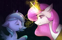 Size: 1378x889 | Tagged: safe, artist:hosikawa, imported from derpibooru, princess celestia, princess luna, alicorn, pony, crown, duo, female, filly, jewelry, magic, mare, pink-mane celestia, regalia, royal sisters, woona, younger