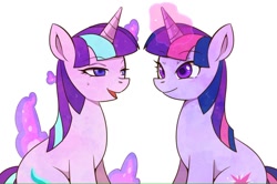 Size: 1210x805 | Tagged: safe, artist:hosikawa, imported from derpibooru, starlight glimmer, twilight sparkle, pony, unicorn, alternate hairstyle, counterparts, duo, female, magic, mare, simple background, twilight's counterparts, white background