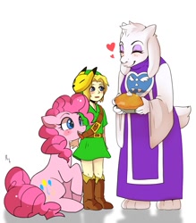 Size: 897x1024 | Tagged: safe, artist:hosikawa, imported from derpibooru, pinkie pie, earth pony, pony, :p, belt, boots, cute, female, food, keaton mask, link, mask, nintendo, pie, shoes, silly, simple background, the legend of zelda, tongue out, toriel, trio, undertale, white background