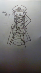 Size: 912x1600 | Tagged: safe, artist:egponyanime, imported from derpibooru, sci-twi, twilight sparkle, equestria girls, equestria girls series, forgotten friendship, blushing, captain hat, clothes, cute, female, one eye closed, pencil drawing, salute, solo, swimsuit, traditional art, twiabetes, wink