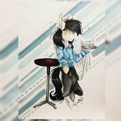 Size: 1440x1440 | Tagged: safe, artist:scootiegp, imported from derpibooru, oc, oc only, pegasus, pony, apron, clothes, glass, holding, looking at you, male, plate, shirt, signature, simple background, smiling, solo, spread wings, stallion, table, traditional art, water, wings, wood, zoom layer