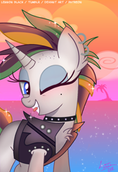 Size: 700x1017 | Tagged: safe, artist:lennonblack, imported from derpibooru, rarity, pony, it isn't the mane thing about you, alternate hairstyle, ear piercing, female, one eye closed, palm tree, piercing, punk, raripunk, signature, solo, tree, wink