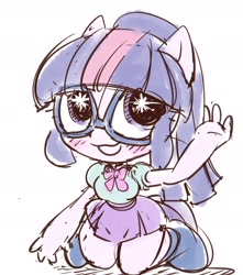 Size: 1582x1788 | Tagged: safe, artist:k-nattoh, imported from derpibooru, sci-twi, twilight sparkle, equestria girls, equestria girls series, blushing, bowtie, chibi, clothes, cute, female, glasses, looking at you, moe, pleated skirt, ponytail, shoes, simple background, skirt, solo, twiabetes, waving, white background