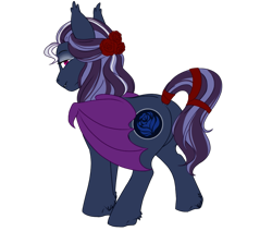 Size: 1217x1032 | Tagged: safe, artist:blackblood-queen, imported from derpibooru, oc, oc only, oc:indigo rose, bat pony, bat pony oc, fangs, female, flower, flower in hair, looking back, mare, mother, rose, simple background, smiling, solo, transparent background