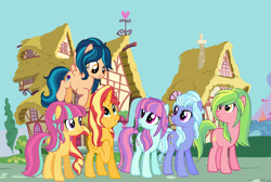 Size: 900x605 | Tagged: safe, artist:sarahgdo, imported from derpibooru, indigo zap, lemon zest, sour sweet, sugarcoat, sunny flare, sunset shimmer, alicorn, pony, alicornified, alternate mane six, alternate universe, equestria girls ponified, ponified, race swap, shadow five, shimmercorn