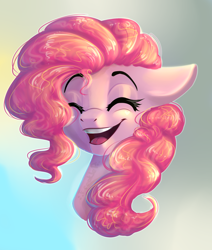 Size: 1024x1210 | Tagged: dead source, safe, artist:freckleplant, imported from derpibooru, part of a set, pinkie pie, earth pony, pony, abstract background, bust, commission, cute, diapinkes, eyes closed, female, floppy ears, mare, open mouth, portrait, smiling, solo