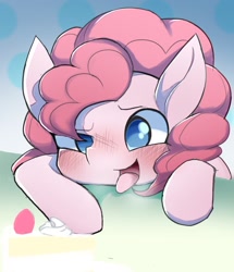 Size: 1234x1438 | Tagged: safe, artist:ccc, imported from derpibooru, pinkie pie, earth pony, pony, blushing, female, food, looking at you, mare, solo, strawberry, whipped cream