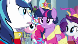 Size: 1280x720 | Tagged: safe, imported from derpibooru, screencap, bruce mane, masquerade, north star, perfect pie, pinkie pie, rarity, shining armor, twilight sparkle, alicorn, magical mystery cure, apple family member, big crown thingy, clothes, coronation, coronation dress, crown, crying, dress, jewelry, liquid pride, regalia, twilight sparkle (alicorn)