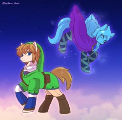 Size: 1378x1363 | Tagged: safe, artist:hosikawa, imported from derpibooru, earth pony, pony, boots, cape, clothes, duo, ear piercing, earring, fi, jewelry, link, looking at you, nintendo, piercing, ponified, saddle bag, shoes, the legend of zelda, the legend of zelda: skyward sword, tunic