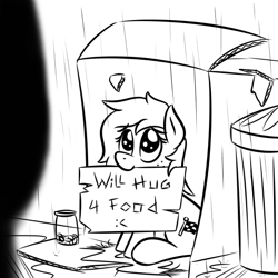 Size: 512x512 | Tagged: safe, artist:glimglam, imported from derpibooru, oc, oc only, oc:pole position, begging, cardboard box, cute, female, filly, homeless, looking up, rain, sitting, solo, text, tip jar, trash, trash can, will x for y