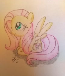 Size: 3120x3628 | Tagged: safe, artist:prinrue, imported from derpibooru, fluttershy, pegasus, pony, colored pencil drawing, female, freehand, mare, prone, simple background, sitting, solo, traditional art