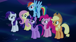 Size: 1280x720 | Tagged: safe, imported from derpibooru, screencap, applejack, fluttershy, pinkie pie, rainbow dash, rarity, twilight sparkle, alicorn, do princesses dream of magic sheep, female, happy, mane six, open mouth, twilight sparkle (alicorn)